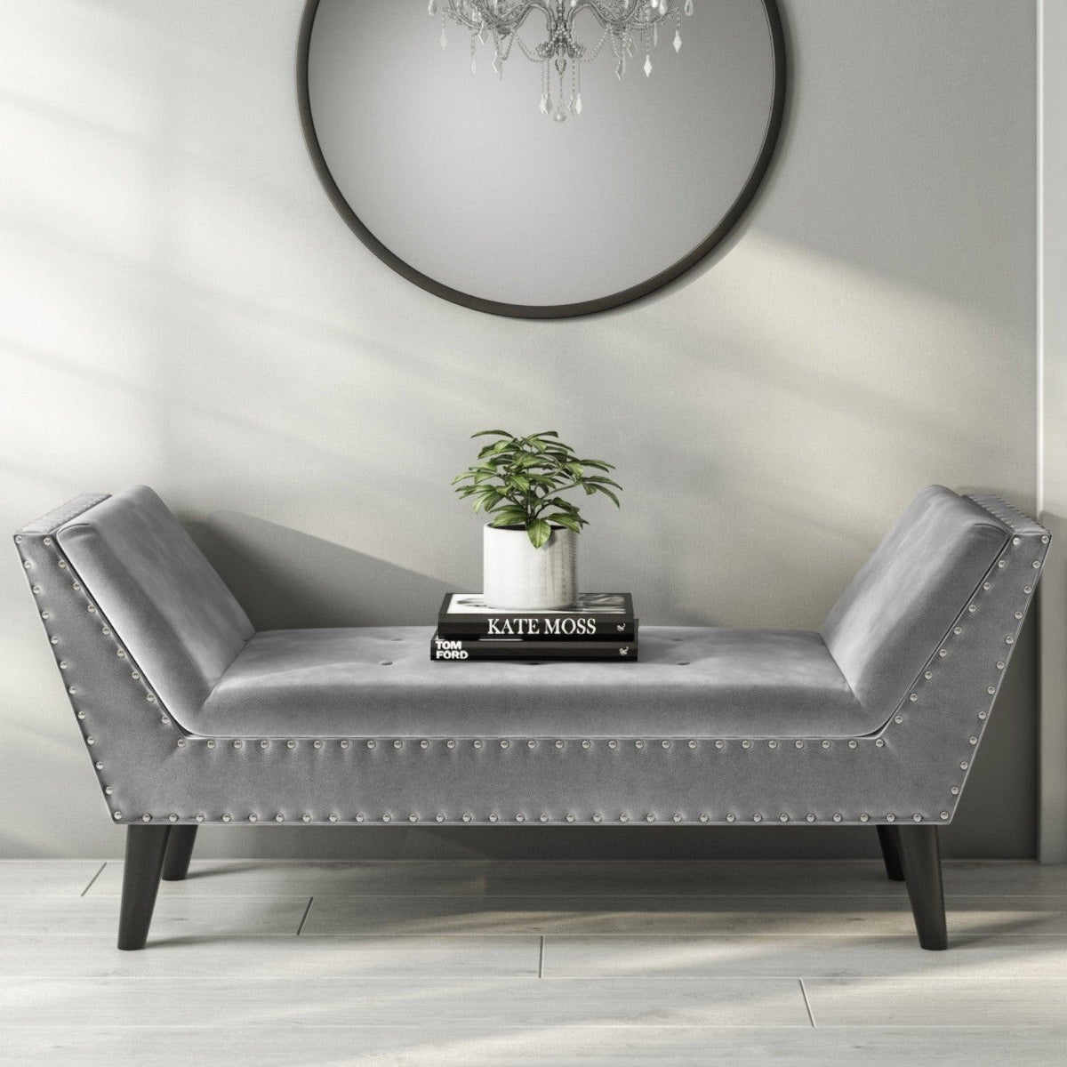 Velvet Bench Seat with Stud Detailing in Pink Figure It Out Furniture