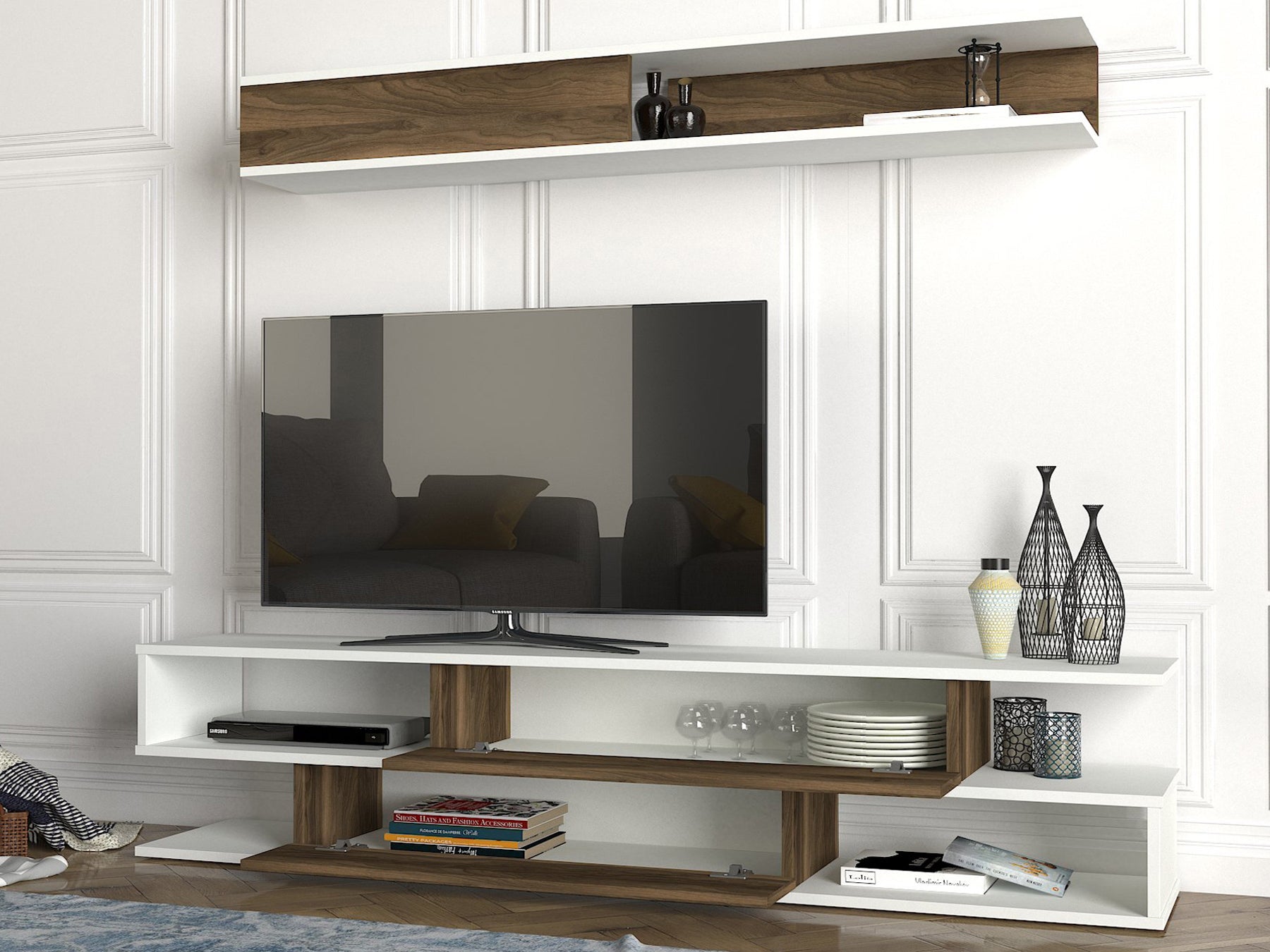 TV Unit Manyetik - White, Walnut