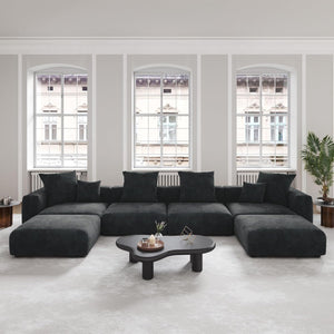 Modular Sectional Sofa, Corduroy U Shaped Sofa Couch with Chaise Ottomans - Black