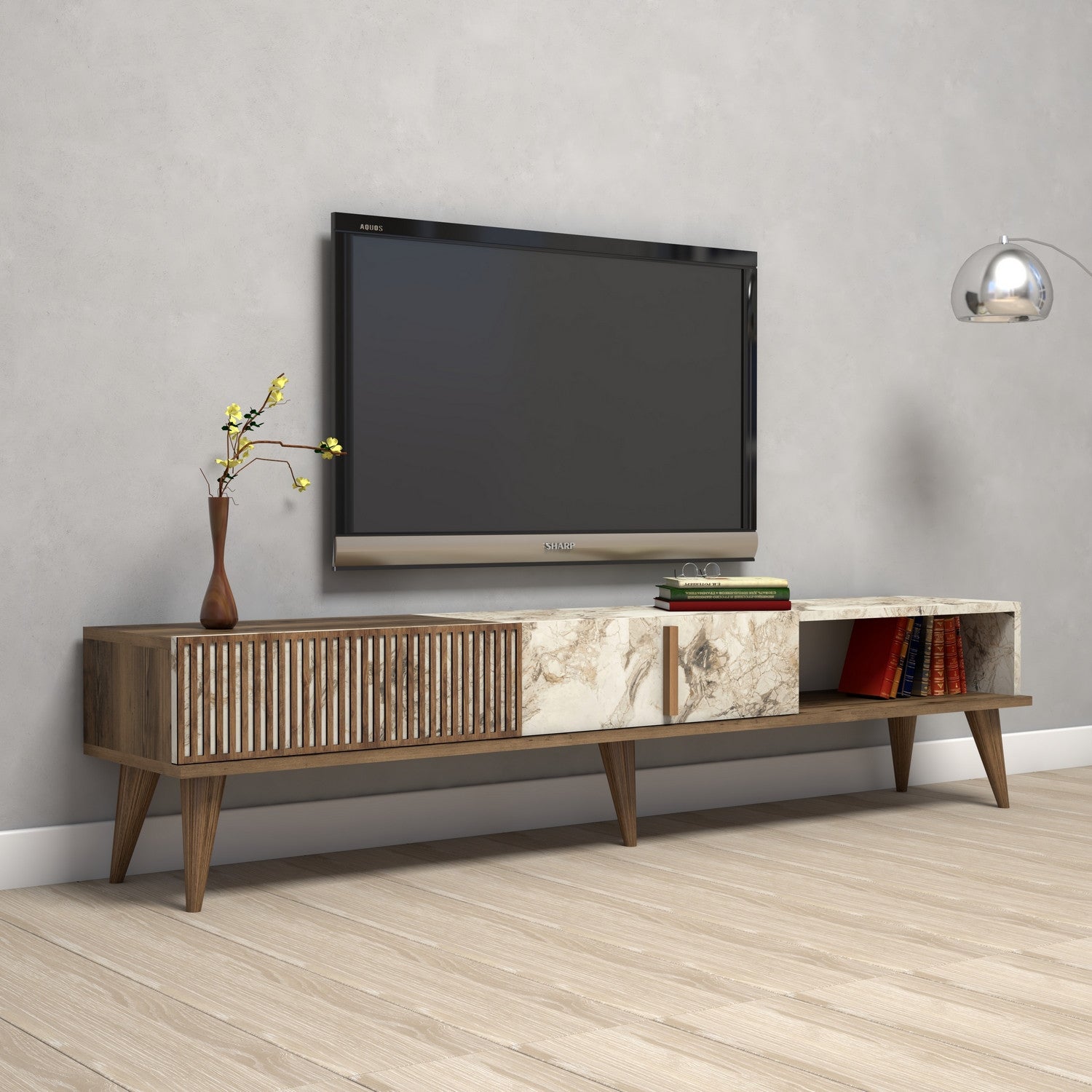 TV Stand Milan - Walnut, White Marble