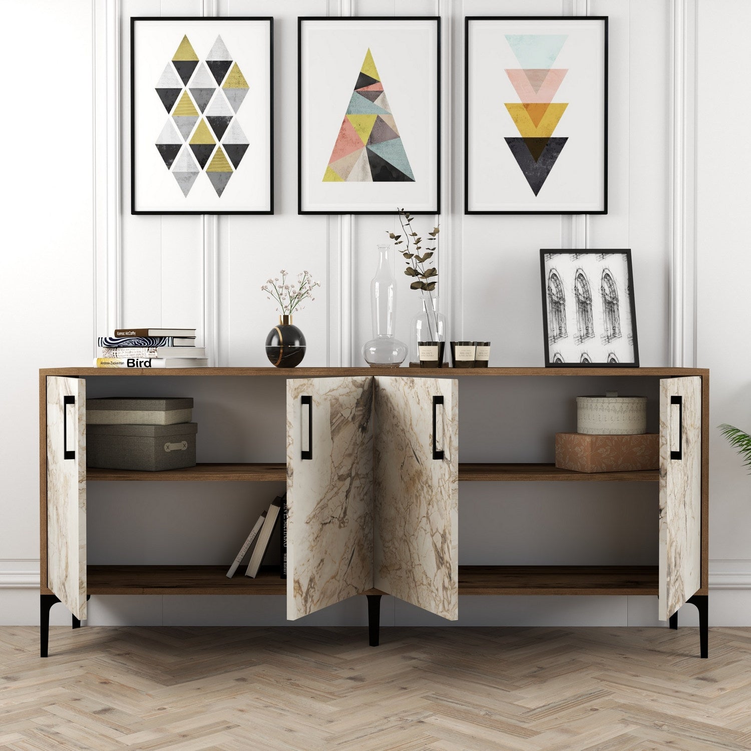 Console Table Kiev - Walnut, White Marble