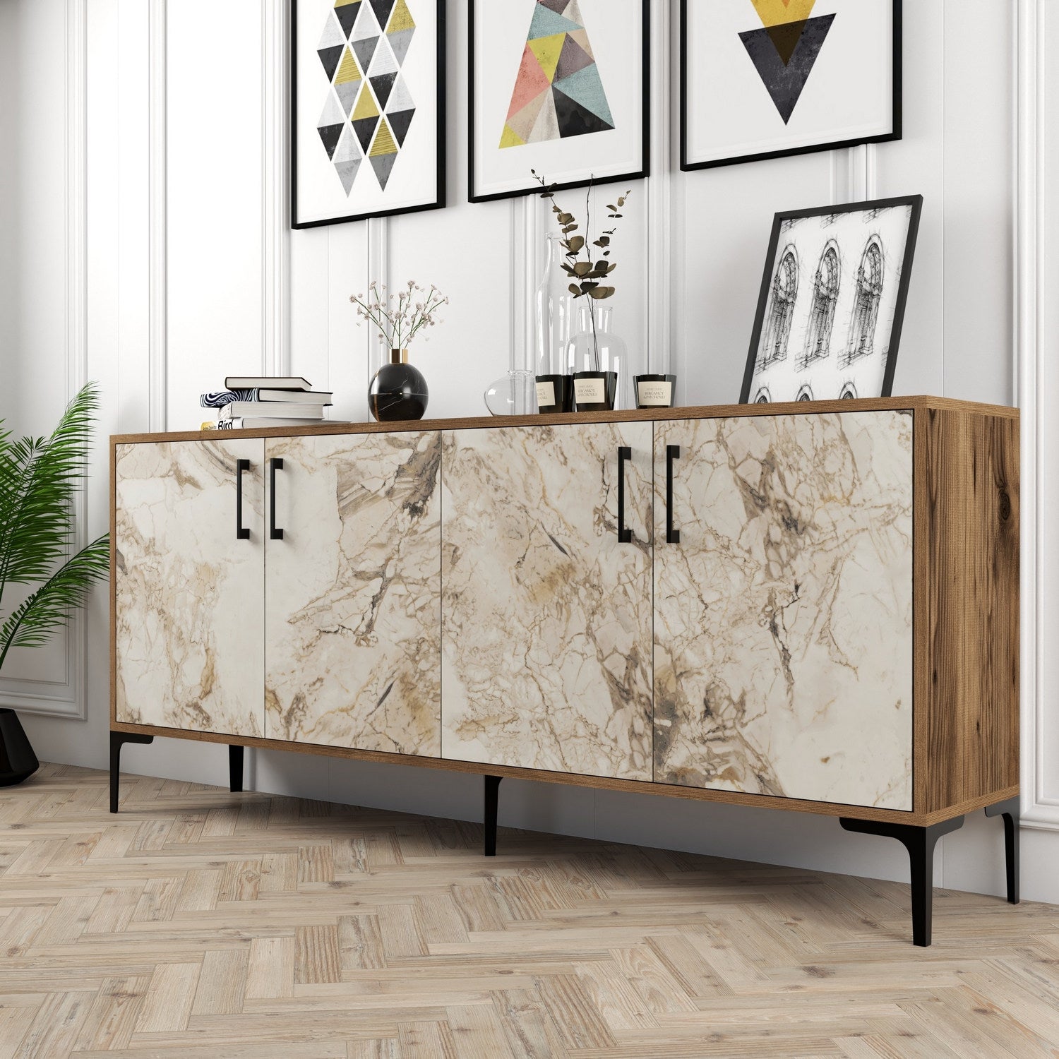 Console Table Kiev - Walnut, White Marble