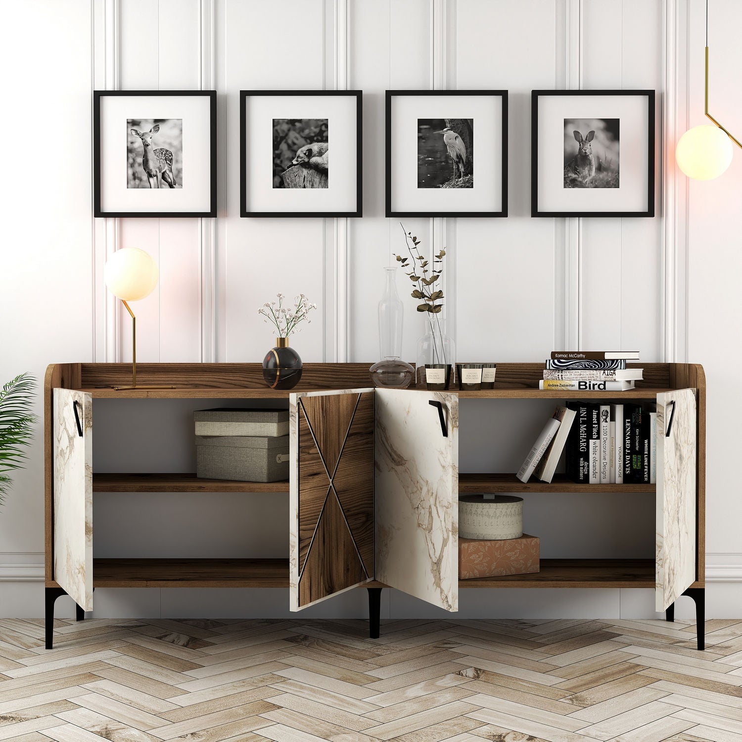 Console Table Venedik - Walnut, White Marble
