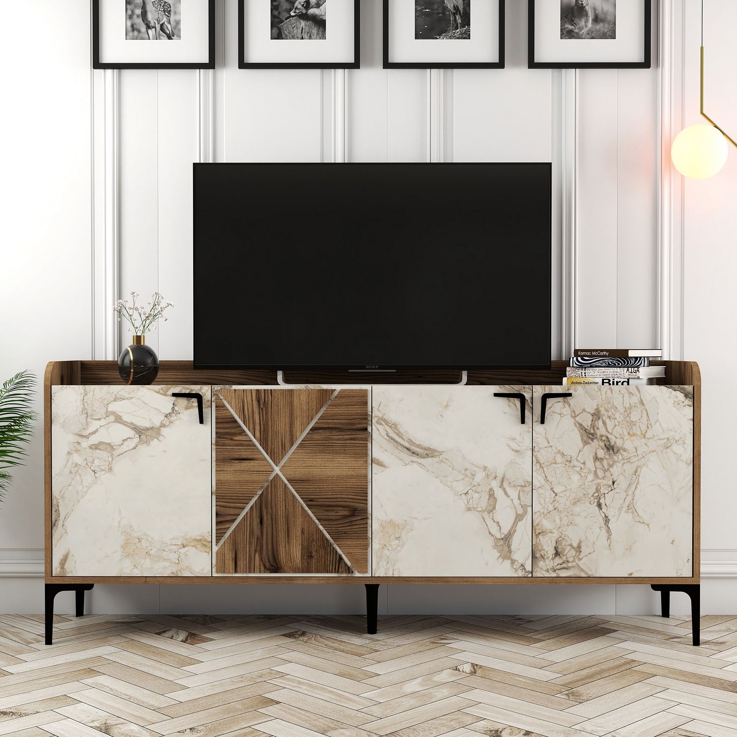 Console Table Venedik - Walnut, White Marble