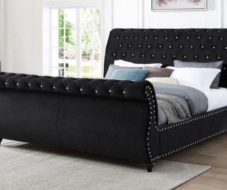 Figure It Out Velvet Black Crystal Button-tufted Sleigh Bed