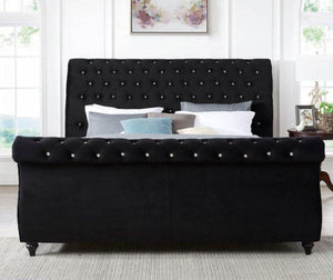 Figure It Out Velvet Black Crystal Button-tufted Sleigh Bed