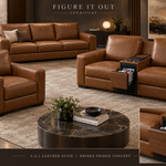 Concept rendering of Figure It Out Furniture caramel genuine leather 3-2-1 sofa suite with a pull-out drinks fridge in the two-seater centre console