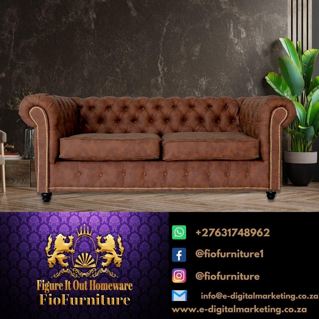 Figure It Out  Brown 2 Chesterfield Semi Leather Sofa - Figure  It Out Furniture
