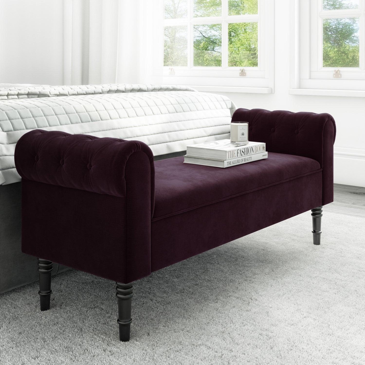 Velvet End of Bed Bench with Chesterfield Armrests - Figure  It Out Furniture