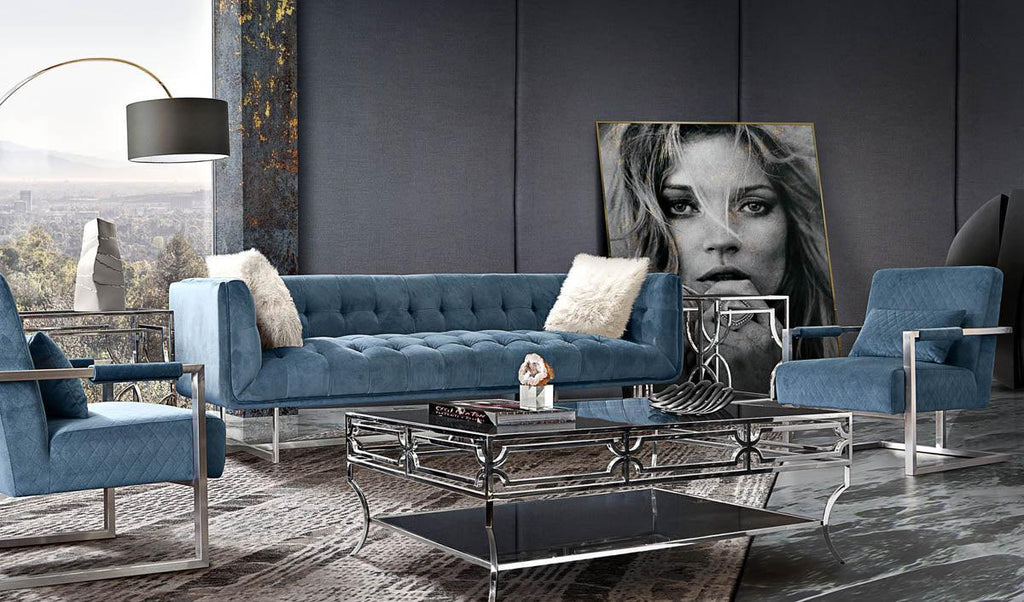 Fio Furniture Wood blue Rose Velvet  4 piece sofa set - Figure  It Out Furniture